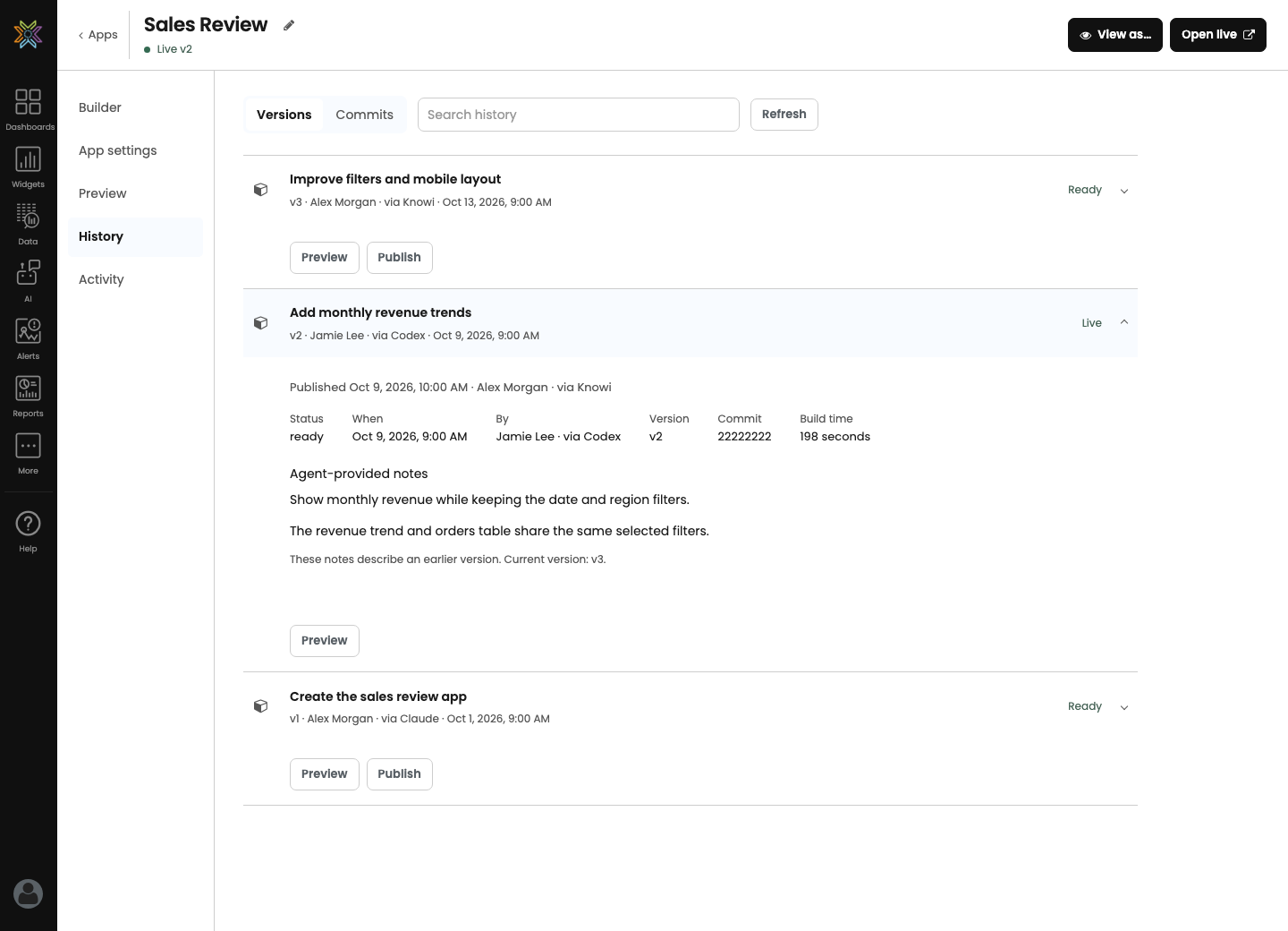 Version history with Ready and Live builds, publication details, and agent-provided notes