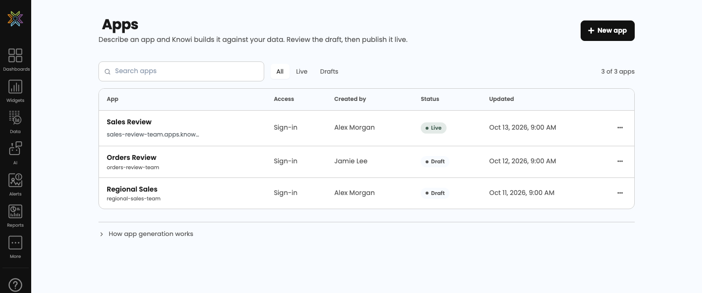 Apps list showing the live Sales Review App and two drafts