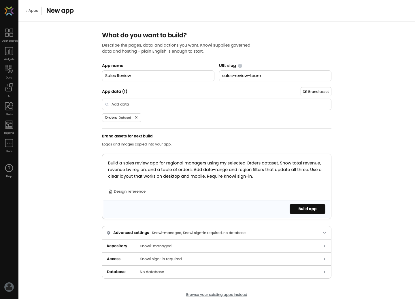 New app with the Orders dataset above the Sales Review description and Build app control